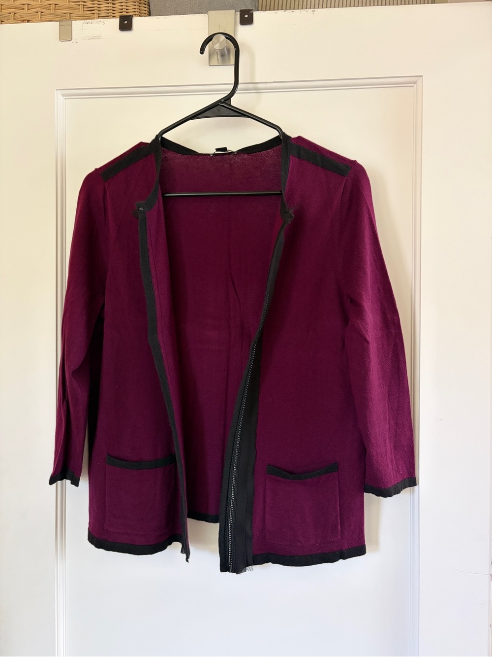 Ann Taylor Fuchsia Open-Front Cardigan with Black Trim